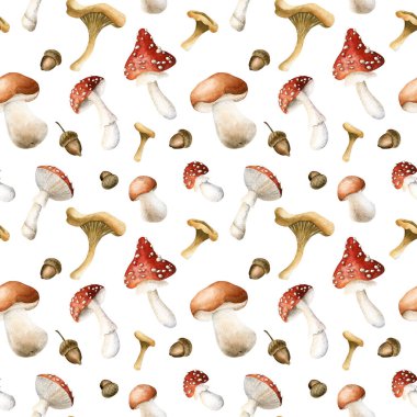 Mantar ve meşe palamudu. Sonbahar ormanı boletusları agarik chanterelles uçurur sulu boya el çiçekli desen beyaz arka planda güz kumaş baskıları şirin ev ambalajı kağıtları
