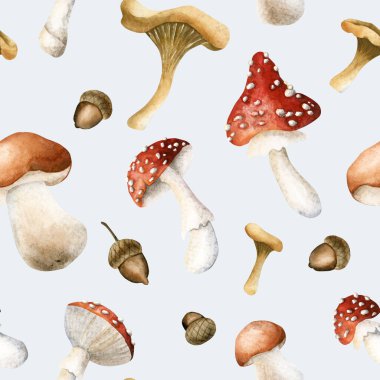 Mantar ve meşe palamudu. Sonbahar ormanı boletusları agarik chanterelles 'i uçurur sulu boyalı el, sonbahar kumaş baskıları için mavi arka planda çiçeksiz desenler çizer hoş ev ambalajı kağıtları