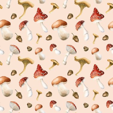 Mantar ve meşe palamudu. Sonbahar Ormanı Boletus, tarım mantarlarını uçurur. Çiçekli el, güz bej arka planda güz kumaş baskıları için çiçeksiz desen çizer. Ev yapımı tekstil ambalajı kağıdı.