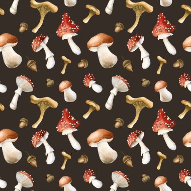 Mantar ve meşe palamudu. Sonbahar ormanı boletusları agarik chanterelles uçurur sulu boya el çiçekli dikişsiz desen güz için arka planda hoş kumaş baskıları şirin ev ambalajı kağıtları