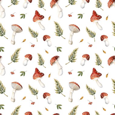 Uçan agarik mantarlar eğreltiotu dalları. Sonbahar ormanı amanita Watercolor çiçek desenli el boyası güz tasarımı için beyaz arkaplan üzerine hoş kumaş baskıları şirin ev tekstil ambalajı kağıdı