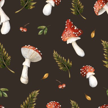 Uçan agarik mantarlar eğreltiotu dalları. Sonbahar ormanı amanita Watercolor, güz tasarımı için koyu arka planda çiçek deseni boyadı. Sade kumaş baskıları, şirin tekstil ambalaj kağıtları.