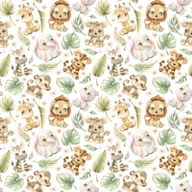 Şirin Tropikal Hayvanlar ve Egzotik Yapraklar Suluboya Elle boyanmış yaz pastel nötr dikişsiz desen beyaz arka planda çocuk safarisi tasarımı bebek bez kumaş ambalaj kağıdı