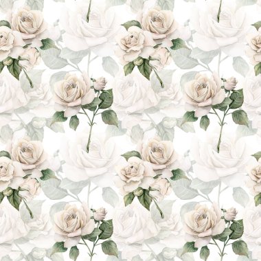 Tomurcuklu güller ve yapraklar beyaz bahçe çiçek düzenlemeleri. Beyaz arka planda çiçek desenli el boyası, düğün tasarımı tekstil kumaş kaplama kağıtları için.