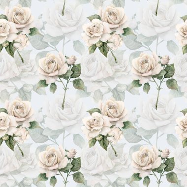Tomurcuklu güller ve yapraklar beyaz bahçe çiçek düzenlemeleri. Mavi arka planda çiçek desenli el boyası. Düğün tasarımı için tekstil kumaş kaplama kağıtları.