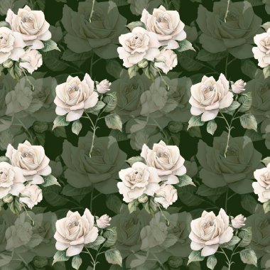 Tomurcuk yapraklı güller beyaz bahçe çiçek düzenlemeleri Watercolor el boyası çiçek desensiz düğün tasarımı için koyu yeşil arka plan tekstil kumaş kaplama kağıtları
