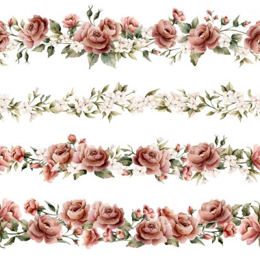 Beyaz çiçekli güller dikişsiz sınırlar çiziyor. Tozlu pembe bahçe Viktorya dönemi suluboya el resmi düğün tasarımı için izole edilmiş tekstil porselen kaplama kozmetik paket.