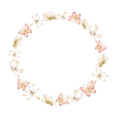 Şirin Kelebek Yusufçuk Böcek Çelengi. Suluboya el boyası yaz boyası. Çocuk odası çocukları için beyaz arka planda nötr bir illüstrasyon. Bebek hediye kartı logosu.