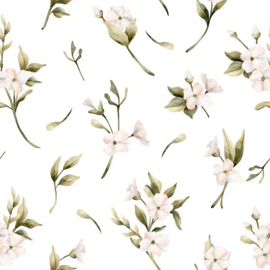 Yaprakları pürüzsüz beyaz küçük çiçekler. Yasemin, portakal, elma çiçeği. Düğün tasarımı için suluboya el resmi. Tekstil kozmetik ambalaj kağıdı.