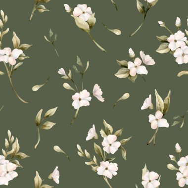 Yaprakları pürüzsüz beyaz küçük çiçekler. Yasemin, portakal, elma çiçeği. Düğün tasarımı için suluboya el resmi. Tekstil kozmetik ambalaj kağıdı.