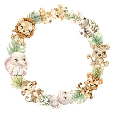 Şirin Hayvanlar Bitki Çelengi. Safari Ormanı Tropikal Egzotik Yaprakları Watercolor el boyası yaz pastel nötr çizimi beyaz arka planda çocuk doğum öncesi bebek hediye kartı logosu etiketi