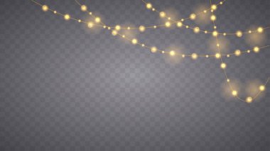 Şeffaf arka planda izole edilmiş Noel ışıkları. Parlayan Xmas çelengi. Vektör illüstrasyonu