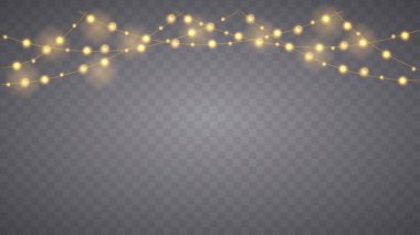 Şeffaf arka planda izole edilmiş Noel ışıkları. Parlayan Xmas çelengi. Vektör illüstrasyonu