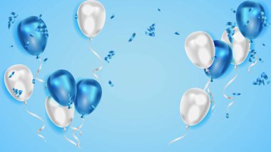 Gerçekçi mavi balonlar ve konfeti arka planı