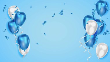Gerçekçi mavi balonlar ve konfeti arka planı