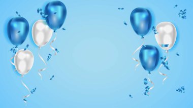 Gerçekçi mavi balonlar ve konfeti arka planı