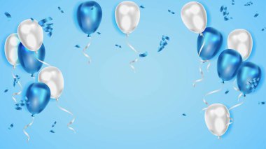 Gerçekçi mavi balonlar ve konfeti arka planı