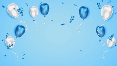 Gerçekçi mavi balonlar ve konfeti arka planı