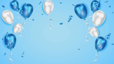 Gerçekçi mavi balonlar ve konfeti arka planı