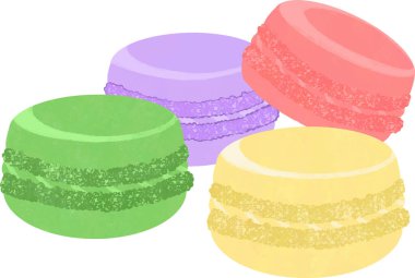 Şirin, parlak renkli badem kurabiyeleri kahve dükkanlarını, tebrik kartlarını, baskıları ve sanat eserlerini süslemek için Cozy Pastanesi çizimleri. Düz vektör illüstrasyonu.