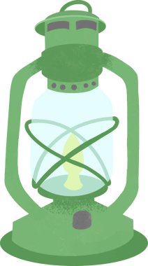 Çizgi film kamp lambası. Yanan fitili ve tutacağı olan eski bir gazyağı ve eski model bir fener. Kamp aydınlatması. Gezginlerin ışıklandırma ekipmanları. Vektör turistler, petrol lambaları ayarlandı.