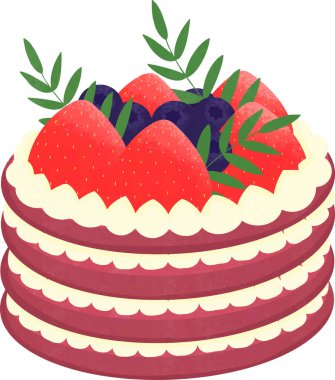 Kırmızı Kadife Kek koyu kırmızı bir renge sahiptir. Krem peynirle alternatif katmanlar. Üstünü çilek ve yaban mersiniyle süsleyin..