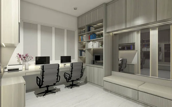 Interior Office room with double desk. In the room include storage cabinet for books, wall panel and cushion bench.