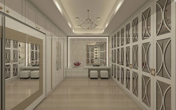 Interior walk in closet with modern style. In the room including wardrobe cabinet with ornament door, showcase display with lighting, luxury makeup table with two cushion and mirror.