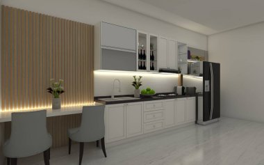 Beyaz tezgahlı modern mutfak tasarımı ve ahşap arka planlı basit bar masası..