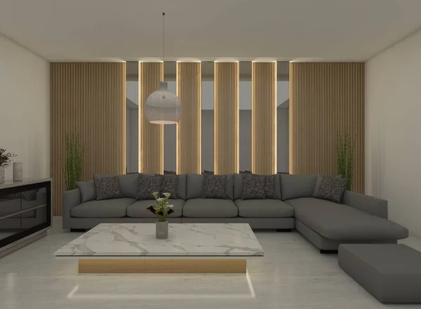 Luxury living room design. In the room include grey cushion sofa, marble table, and wooden wall panel. Using mirror ad lighting decoration.
