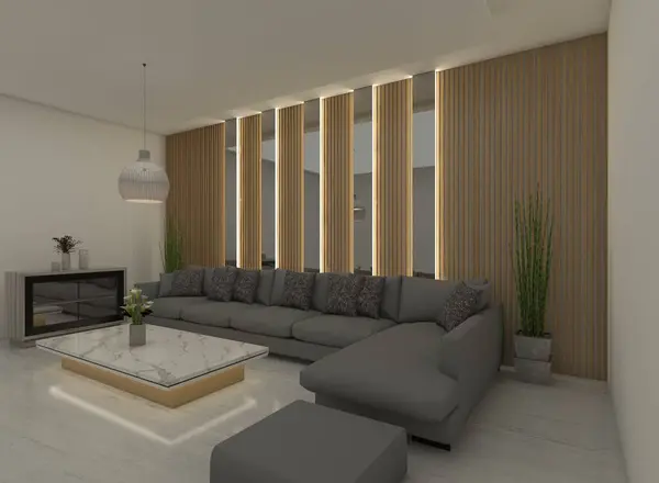 Luxury Living Room Design Grey Cushion Sofa Wooden Wall Background — Stock Photo, Image