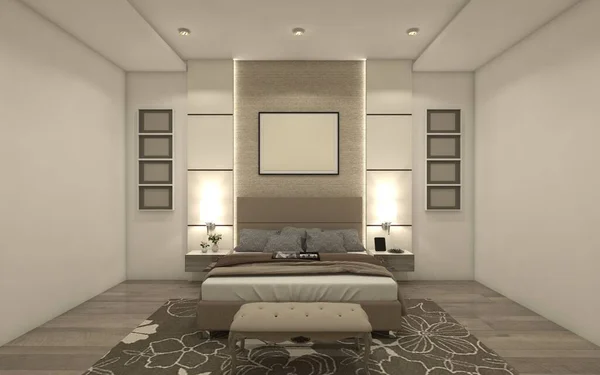 Interior modern master bedroom design. In the room include queen bed size, cushion bench, headboard and wall panel decoration.