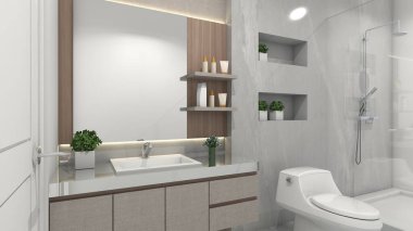 Vitrin rafı ve ayna paneli olan ahşap lavabo dolabı. İç banyo için uygun..