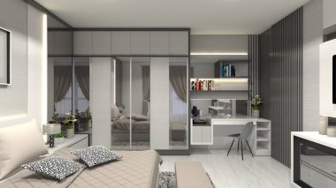 Modern ve lüks yatak odası tasarımı. Odada minder yatak ve bank, yatak başlığı paneli dekorasyonu, gardırop dolabı ve ayna panelli masa masası ve vitrin dolabı yer alıyor..