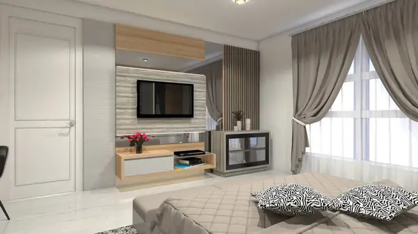 TV cabinet design with wooden table, back wall panel and side drawer. Suitable for interior bedroom and living room.