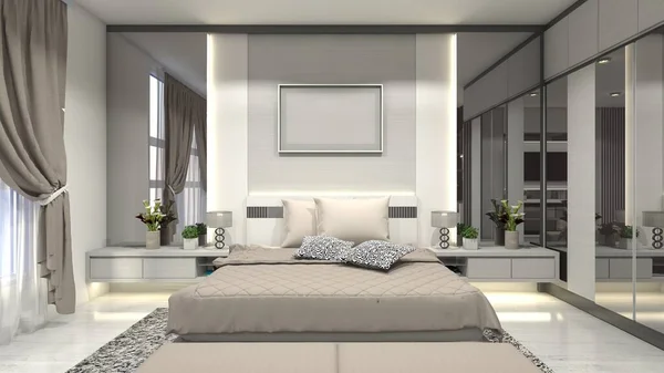 Modern and Luxury Master Bedroom design using headboard with mirror decoration. In the room include king size bed, cushion bench, side drawer and wardrobe cabinet. Using interior lighting and marble flooring.