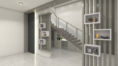 Lüks ve modern oda bölme tasarımı gri renkli mobilyalar ve beyaz raflar. Bölünme için uygun oturma odası..