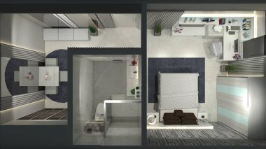 İç dekorasyonlu çocuk odası tasarımı. Oda yatak odası, koridor alanı, banyo ve çocuk oyun odası içeriyor..