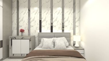 Minimalist ana yatak odası tasarımı mermer duvar arkaplanı ve yan masa dolabı. Rahat yastık ve parlak ışıklandırma kullanarak..