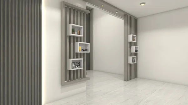 Modern Minimalist Room Divider Design Grey Color Furnishings White Shelves — Stock Photo, Image
