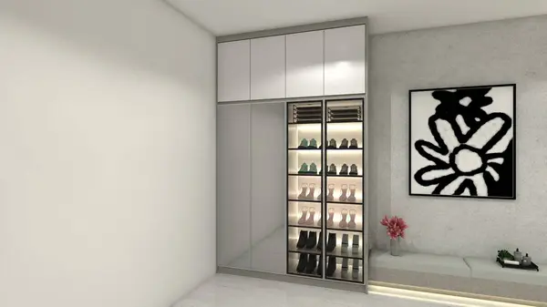 Modern wardrobe design with mirror door frame and shoe display racks, equipped with cushion bench and lighting decoration.