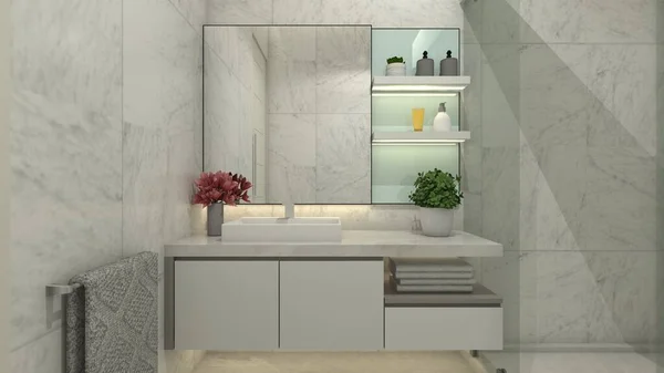 Modern wash hand counter using white cabinet furnishing, marble countertop, mirror panel and shelving racks.