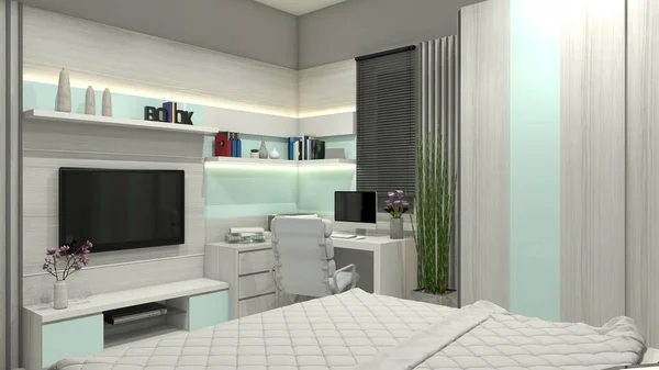 Modern interior bedroom with television cabinet and working desk cabinet. Using soft color furnishing and glasstone blue ornament.
