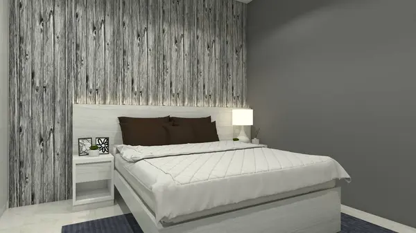 Minimalist bedroom design with industrial wallpapper and minimalist side drawer.