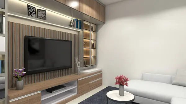 Modern television cabinet with wooden furnishing and showcase display for accessories. Using lighting interior, minimalist table and hanging storage cabinet.