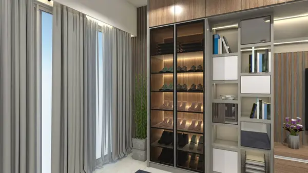 Wooden shoe cabinet design with glass door frame and modern display rack cabinet for interior living room.