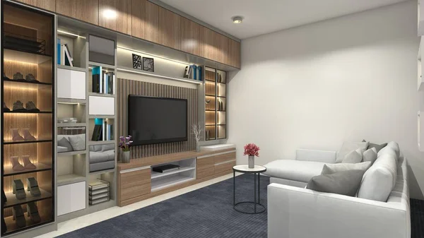 Modern wooden Tv cabinet design with wardrobe display for interior living room. Using comfortable cushion sofa, carpet and interior lighting.