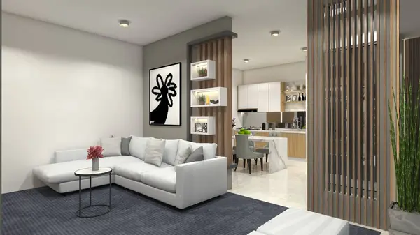 Modern and minimalist living room design with comfortable cushion sofa and wooden divider display.