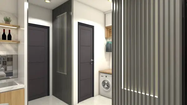 Minimalist slat wall panel design for room partition. Using dark grey furnished and lighting decoration.