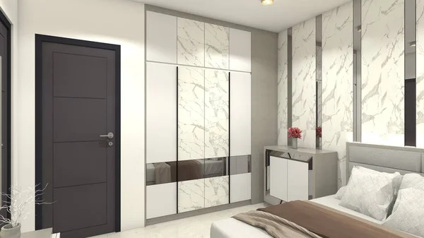 Modern wardrobe cabinet design with marble doors combination for interior master bedroom.